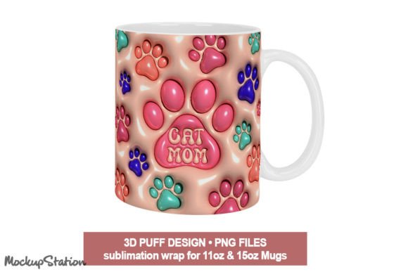 3D Inflated Cat Mom Mug Wrap PNG Pink